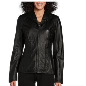 Cole Hann Single Breasted Wing Collar Genuine Lambskin Leather Jacket Size Small